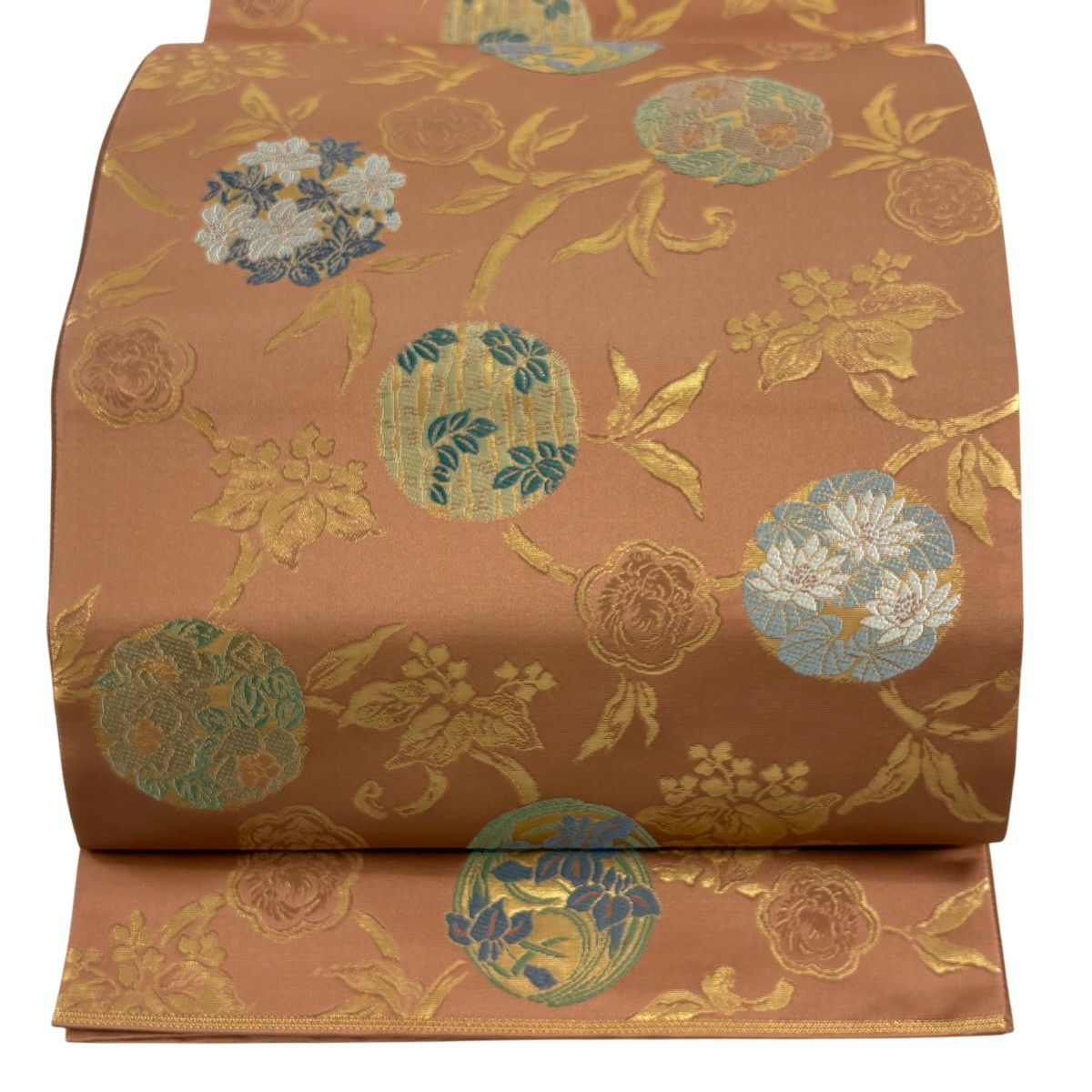 【美品】 袋帶 秀品級 草木染 關西仕立 花丸文 草花紋紋 金金箔 橙色 六通 純蠶絲