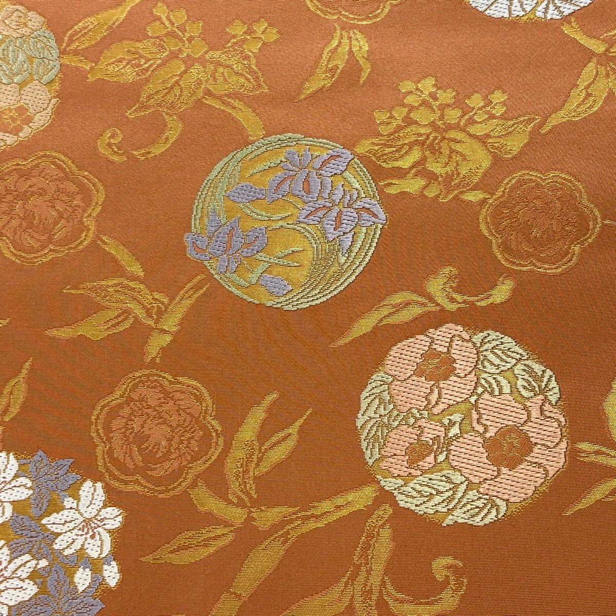 【美品】 袋帶 秀品級 草木染 關西仕立 花丸文 草花紋紋 金金箔 橙色 六通 純蠶絲