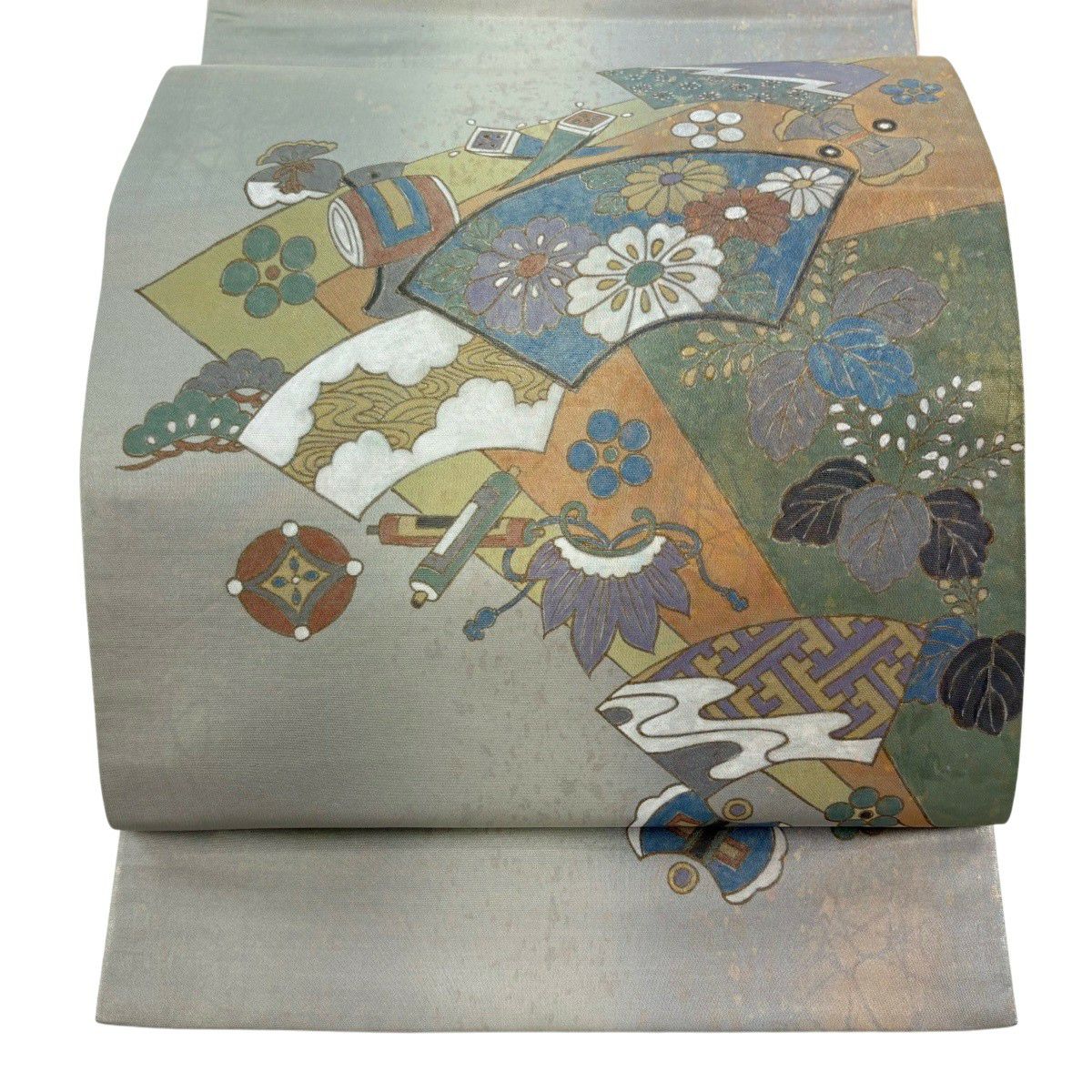 【美品】 袋帶 秀品級 扇子面 寶物滿載 金金箔 金銀彩 淺綠 お太鼓圖案 純蠶絲