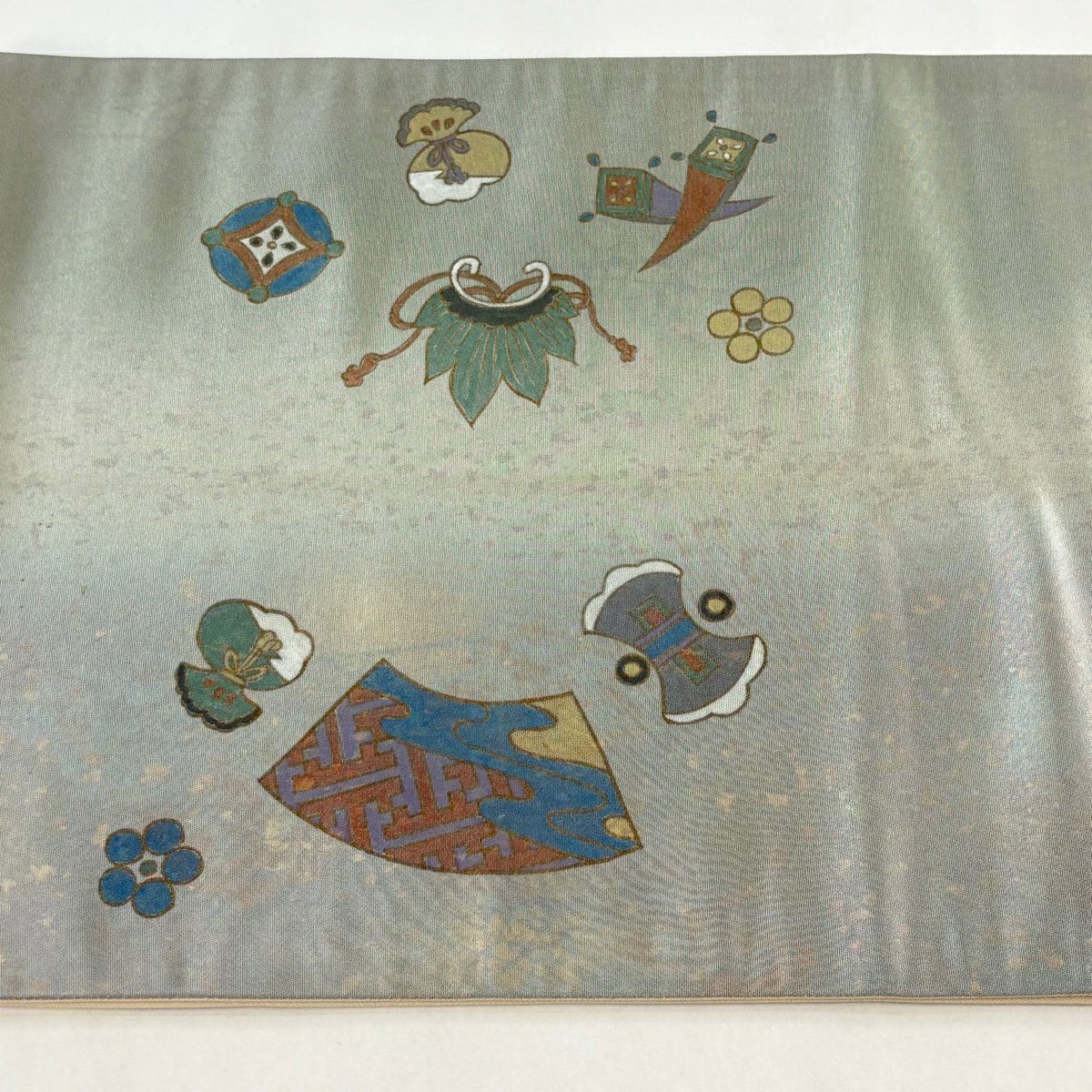 【美品】 袋帶 秀品級 扇子面 寶物滿載 金金箔 金銀彩 淺綠 お太鼓圖案 純蠶絲