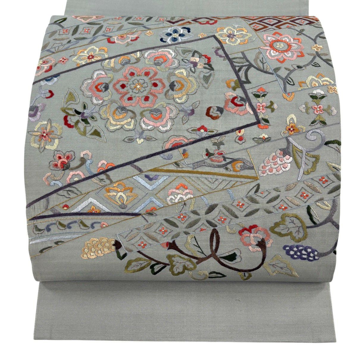 袋帶 秀品級 華紋 花唐草紋 刺繡 金絲 淺綠 お太鼓圖案 純蠶絲