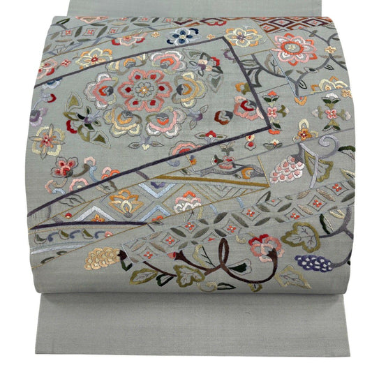 袋帶 秀品級 華紋 花唐草紋 刺繡 金絲 淺綠 お太鼓圖案 純蠶絲