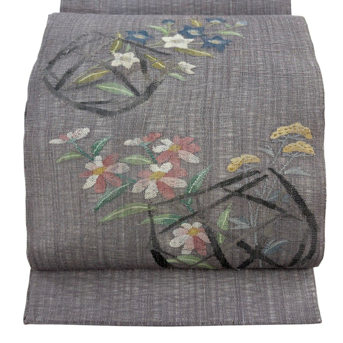 【美品】 袋帶 秀品級 夏帶 花籠 秋草 灰紫 お太鼓圖案 純蠶絲