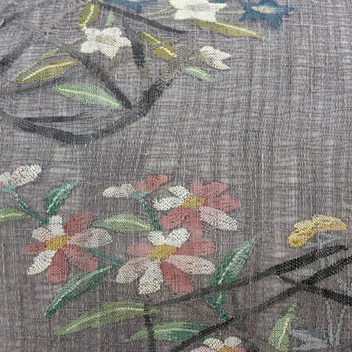 【美品】 袋帶 秀品級 夏帶 花籠 秋草 灰紫 お太鼓圖案 純蠶絲