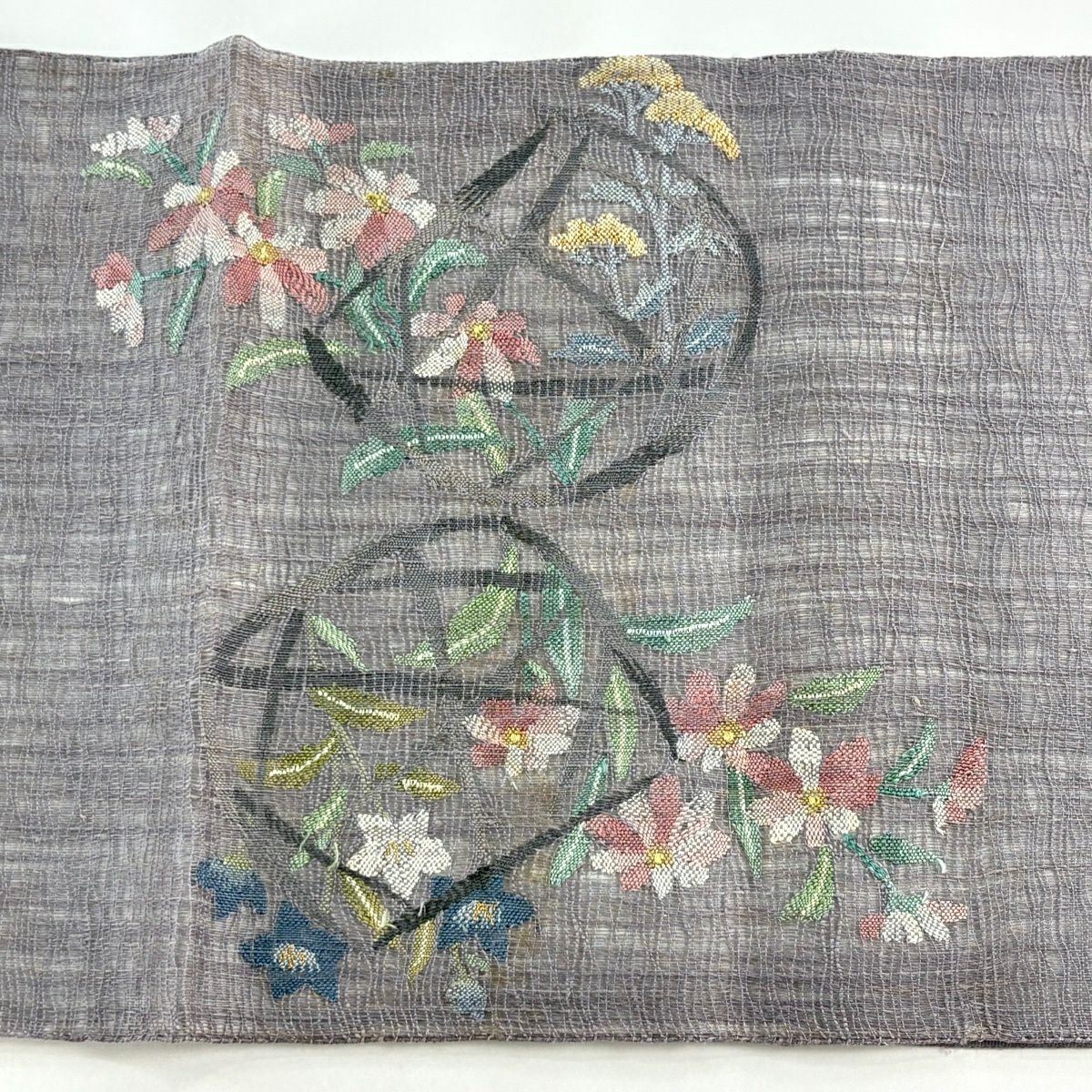 【美品】 袋帶 秀品級 夏帶 花籠 秋草 灰紫 お太鼓圖案 純蠶絲