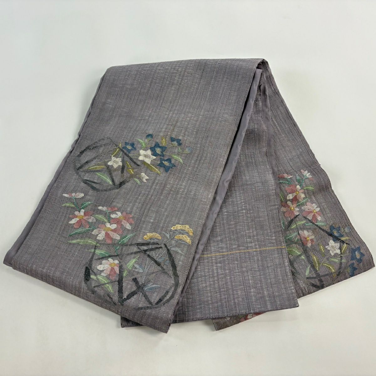 【美品】 袋帶 秀品級 夏帶 花籠 秋草 灰紫 お太鼓圖案 純蠶絲