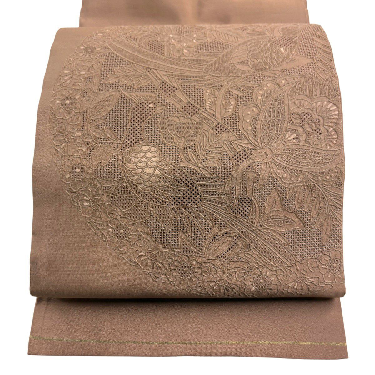 【美品】 袋帶 秀品級 關西仕立 草花紋 鳥 刺繡 粉米色 お太鼓柄 純蠶絲