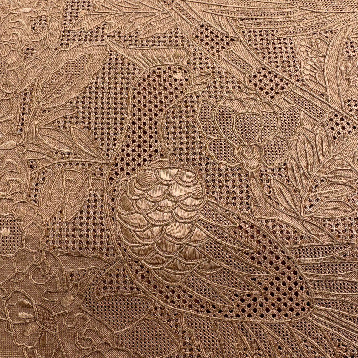 【美品】 袋帶 秀品級 關西仕立 草花紋 鳥 刺繡 粉米色 お太鼓柄 純蠶絲