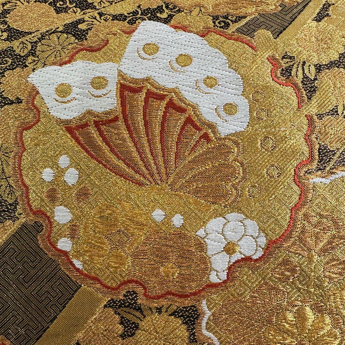 袋帶 秀品級 雪輪 草花紋 金絲 金金箔 金色 六通 純蠶絲
