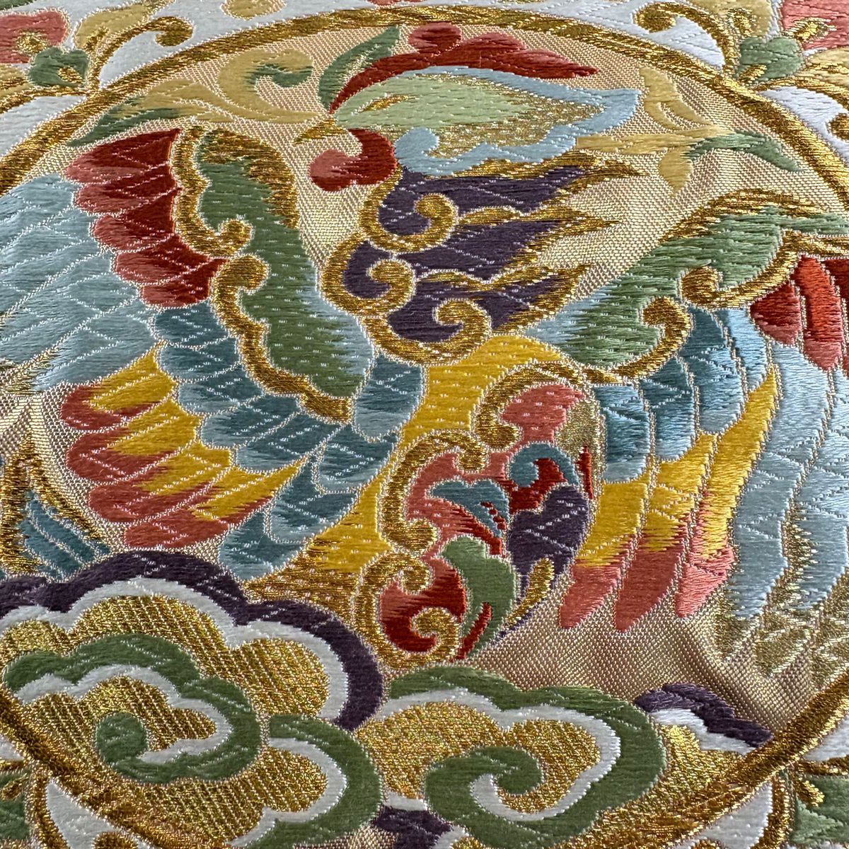 袋帶 秀品級 鏡裏文 鳥 金糸 金金箔 米色 六通 純蠶絲