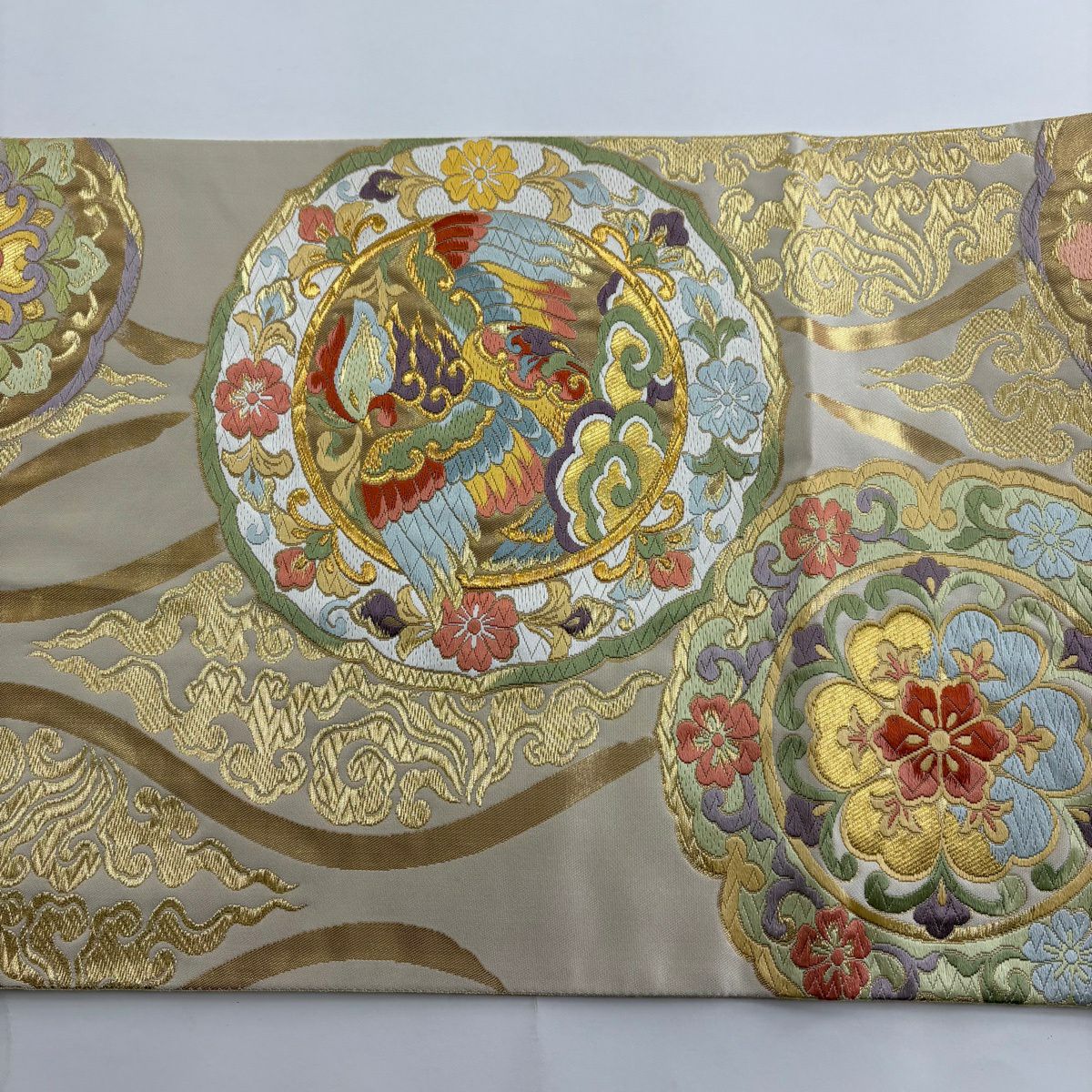 袋帶 秀品級 鏡裏文 鳥 金糸 金金箔 米色 六通 純蠶絲
