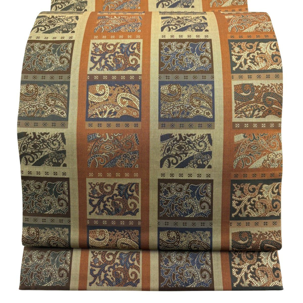 【美品】 袋帶 秀品級 唐草紋 花 橙色 全通 純蠶絲