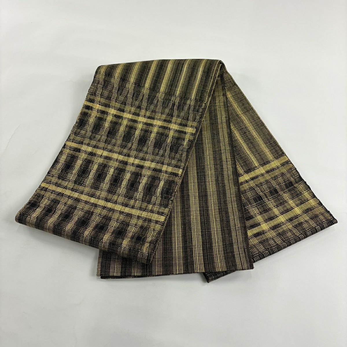 【美品】 袋帶 秀品級 格子 金絲 金色 大鼓圖案 純蠶絲