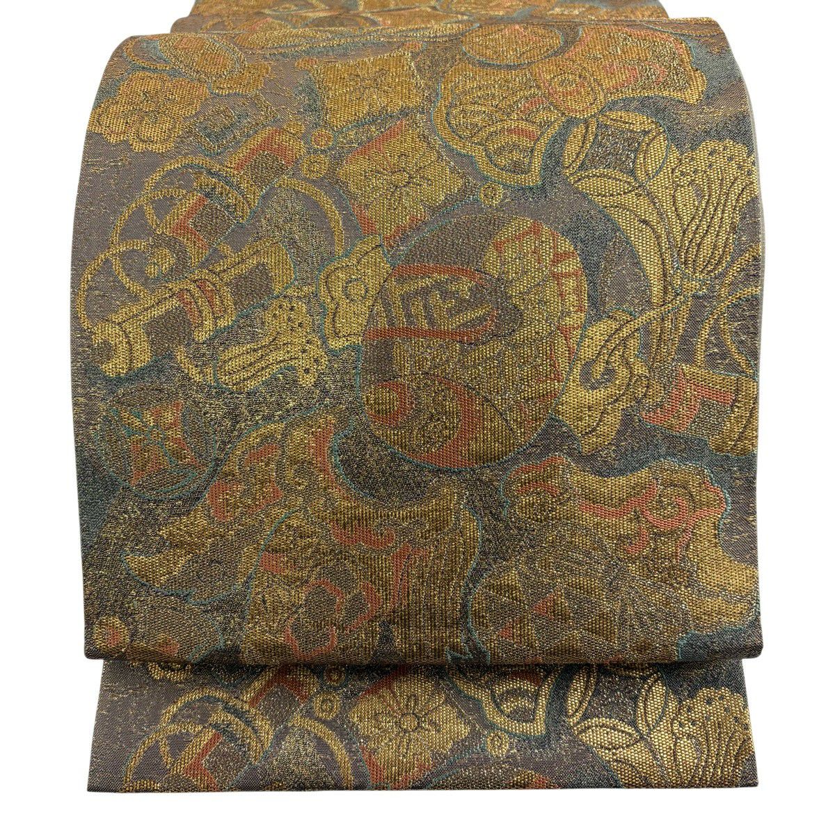 【美品】 袋帶 秀品級 寶盡くし 金金箔 灰茶 六通 純蠶絲