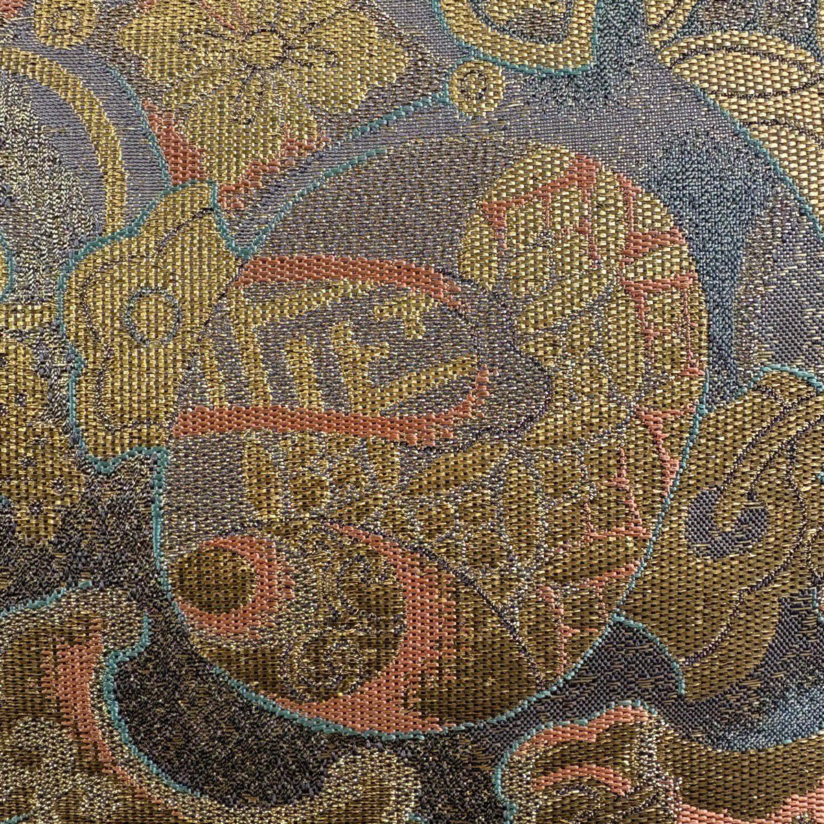 【美品】 袋帶 秀品級 寶盡くし 金金箔 灰茶 六通 純蠶絲