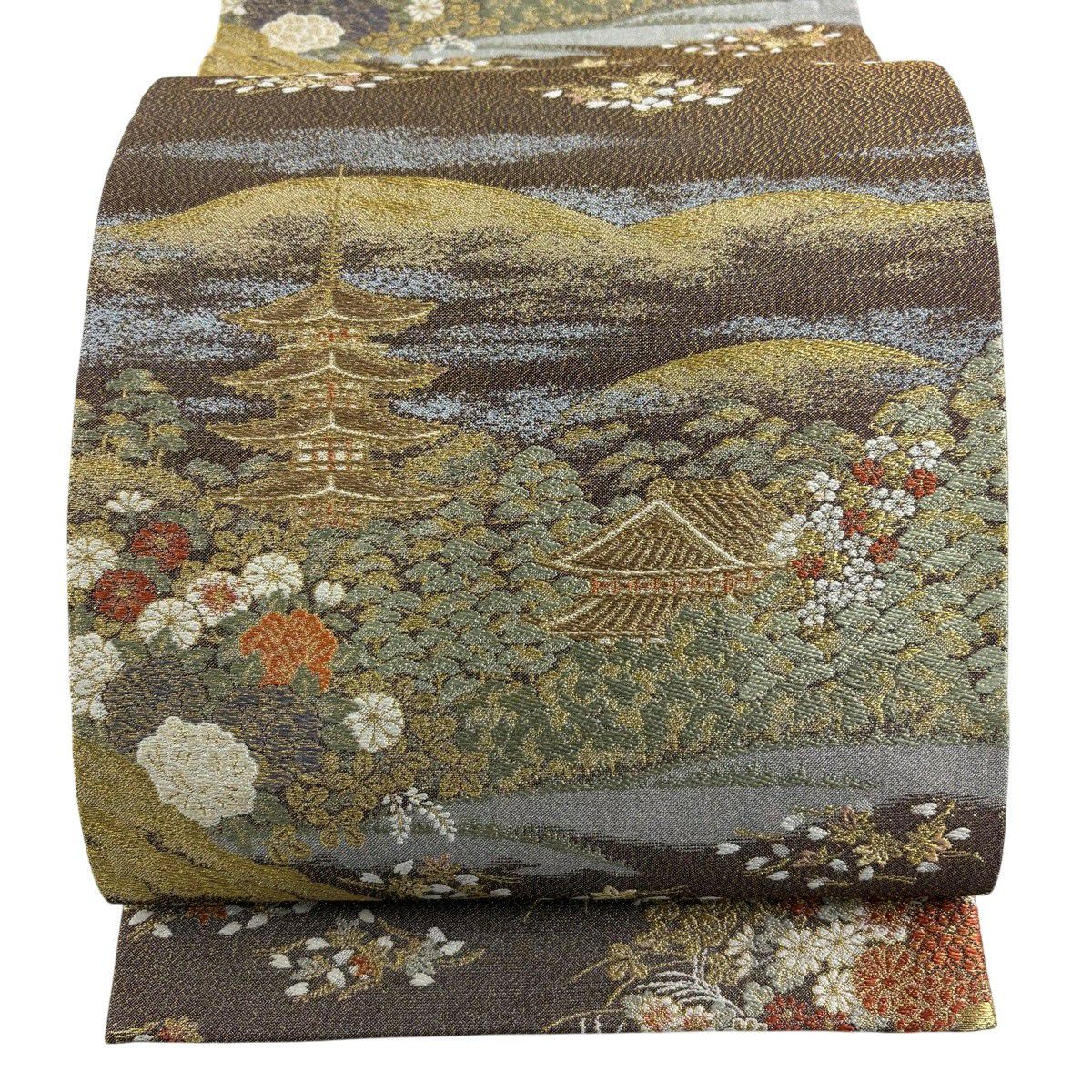 【美品】 袋帶 秀品級 建築 草花紋 金銀彩 金金箔 茶 六通 純蠶絲