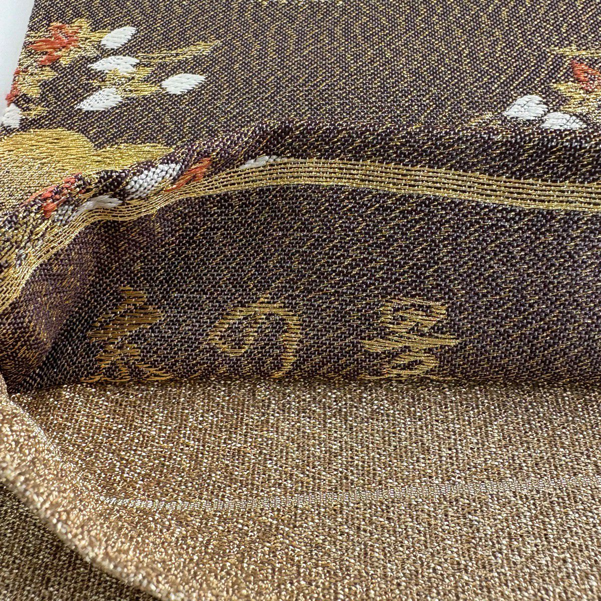 【美品】 袋帶 秀品級 建築 草花紋 金銀彩 金金箔 茶 六通 純蠶絲