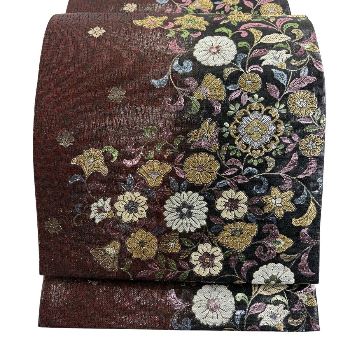 【美品】 袋帶 秀品級 花唐草紋 金金箔 深紅 六通 純蠶絲