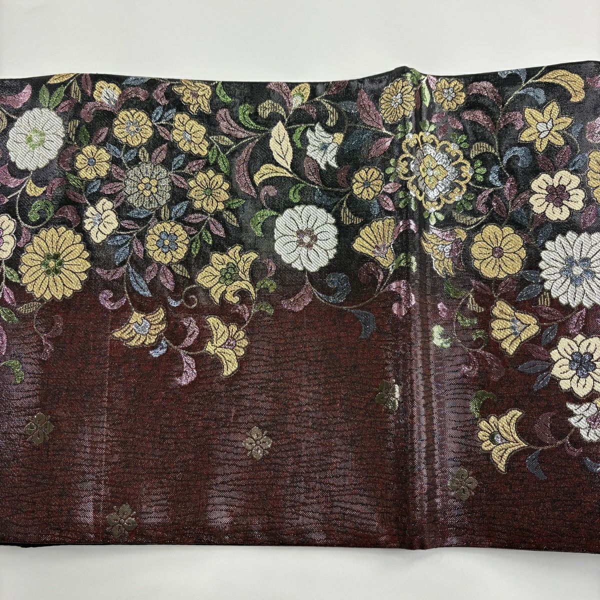 【美品】 袋帶 秀品級 花唐草紋 金金箔 深紅 六通 純蠶絲