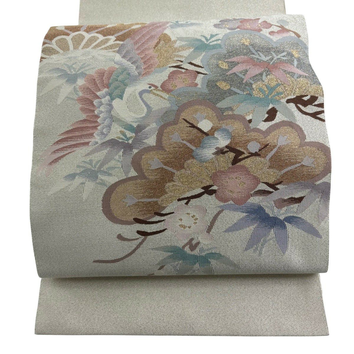 【美品】 名古屋帶 秀品級 八寸名古屋帶 松樹竹子梅花 鳥 金銀糸 奶油色 純蠶絲