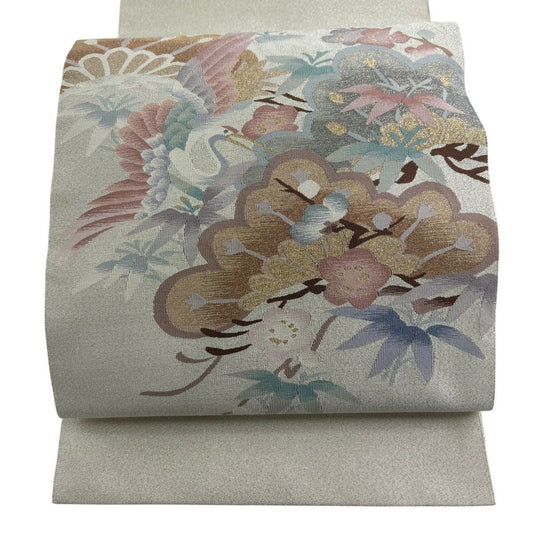 【美品】 名古屋帶 秀品級 八寸名古屋帶 松樹竹子梅花 鳥 金銀糸 奶油色 純蠶絲