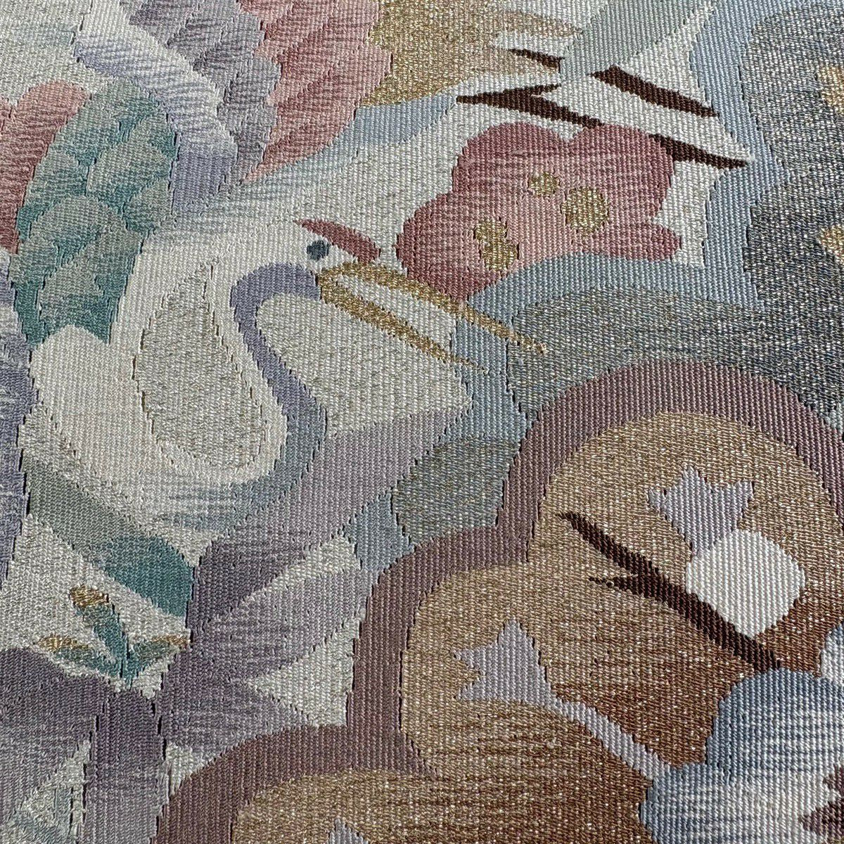 【美品】 名古屋帶 秀品級 八寸名古屋帶 松樹竹子梅花 鳥 金銀糸 奶油色 純蠶絲