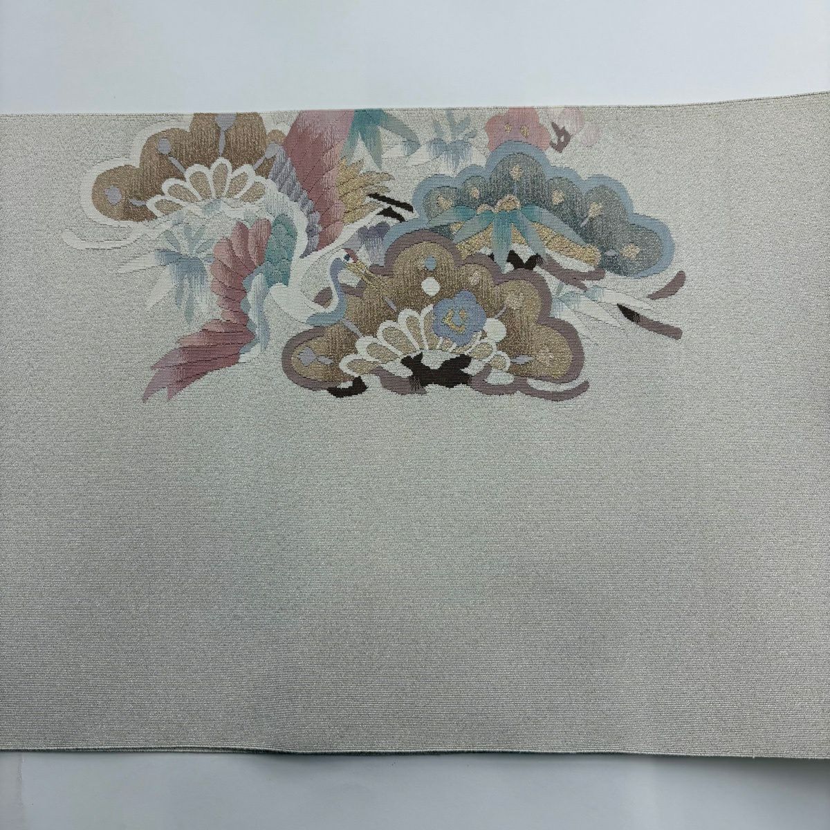 【美品】 名古屋帶 秀品級 八寸名古屋帶 松樹竹子梅花 鳥 金銀糸 奶油色 純蠶絲