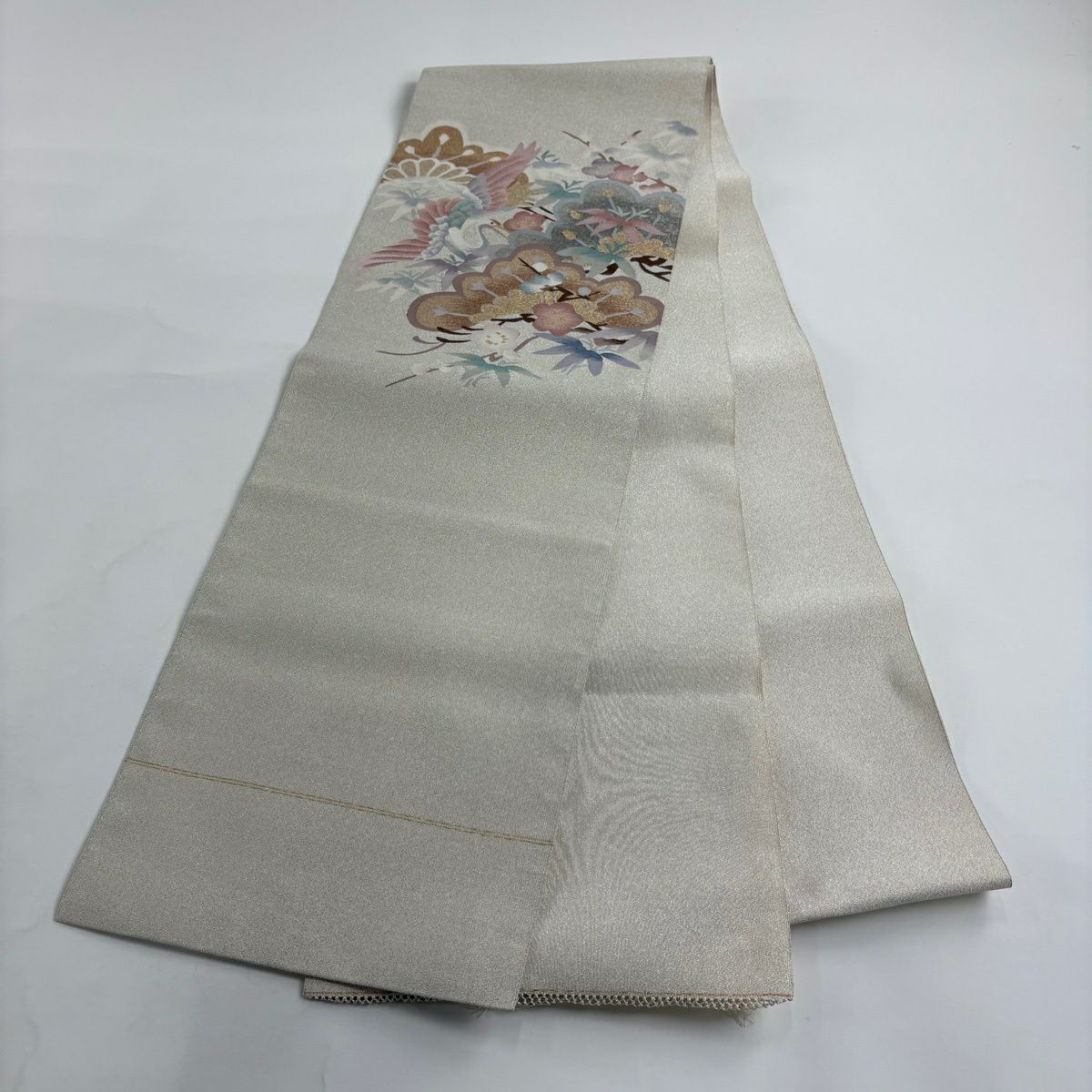【美品】 名古屋帶 秀品級 八寸名古屋帶 松樹竹子梅花 鳥 金銀糸 奶油色 純蠶絲