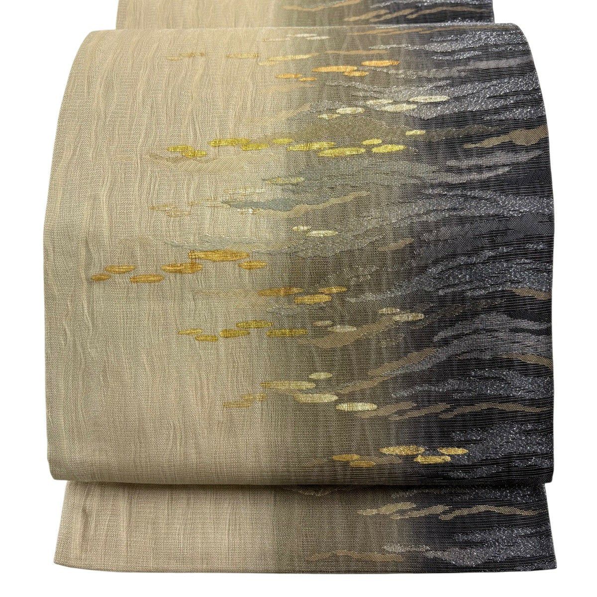 【美品】 袋帶 秀品級 霞 金金箔 金絲 淺茶 六通 純蠶絲