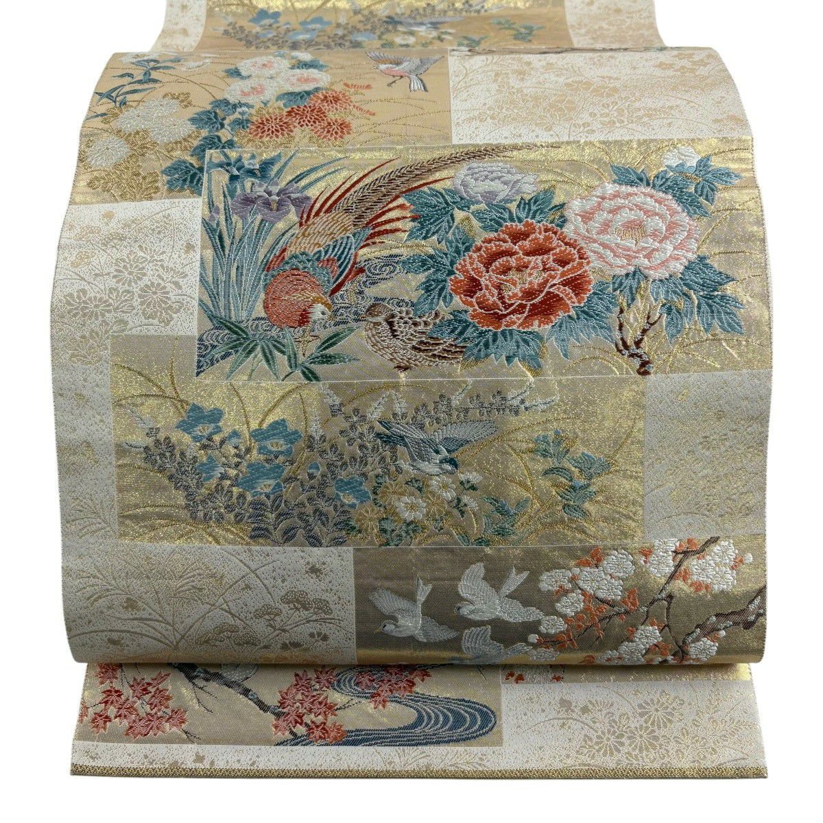 【美品】 袋帶 秀品級 關西仕立 草花紋紋 鳥 金絲 金金箔 金色 六通 純蠶絲