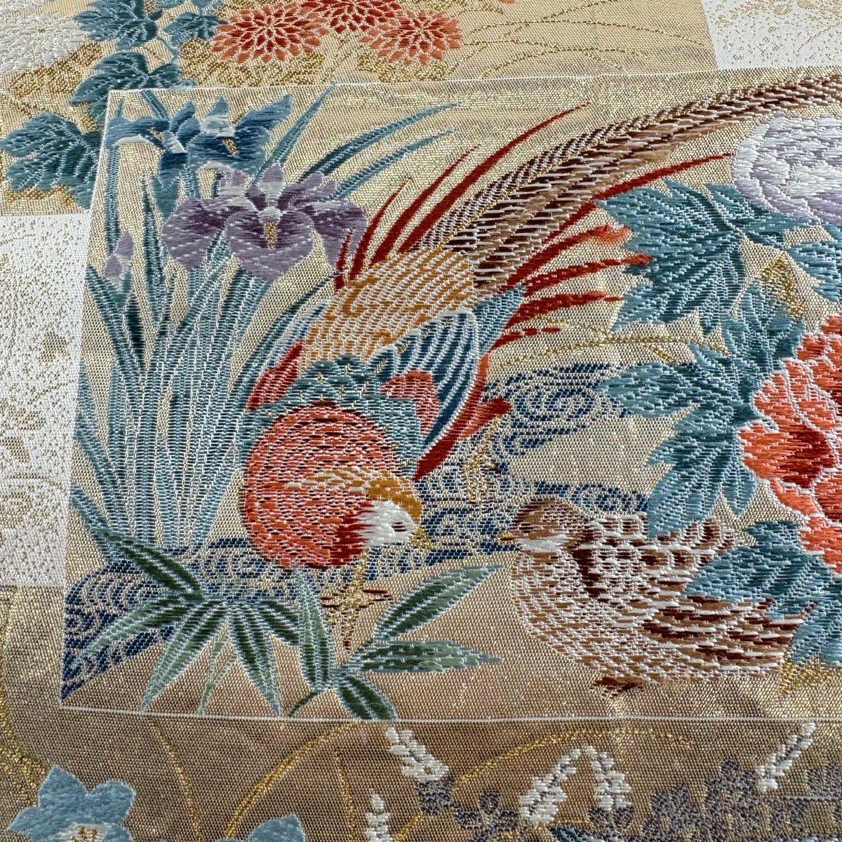 【美品】 袋帶 秀品級 關西仕立 草花紋紋 鳥 金絲 金金箔 金色 六通 純蠶絲