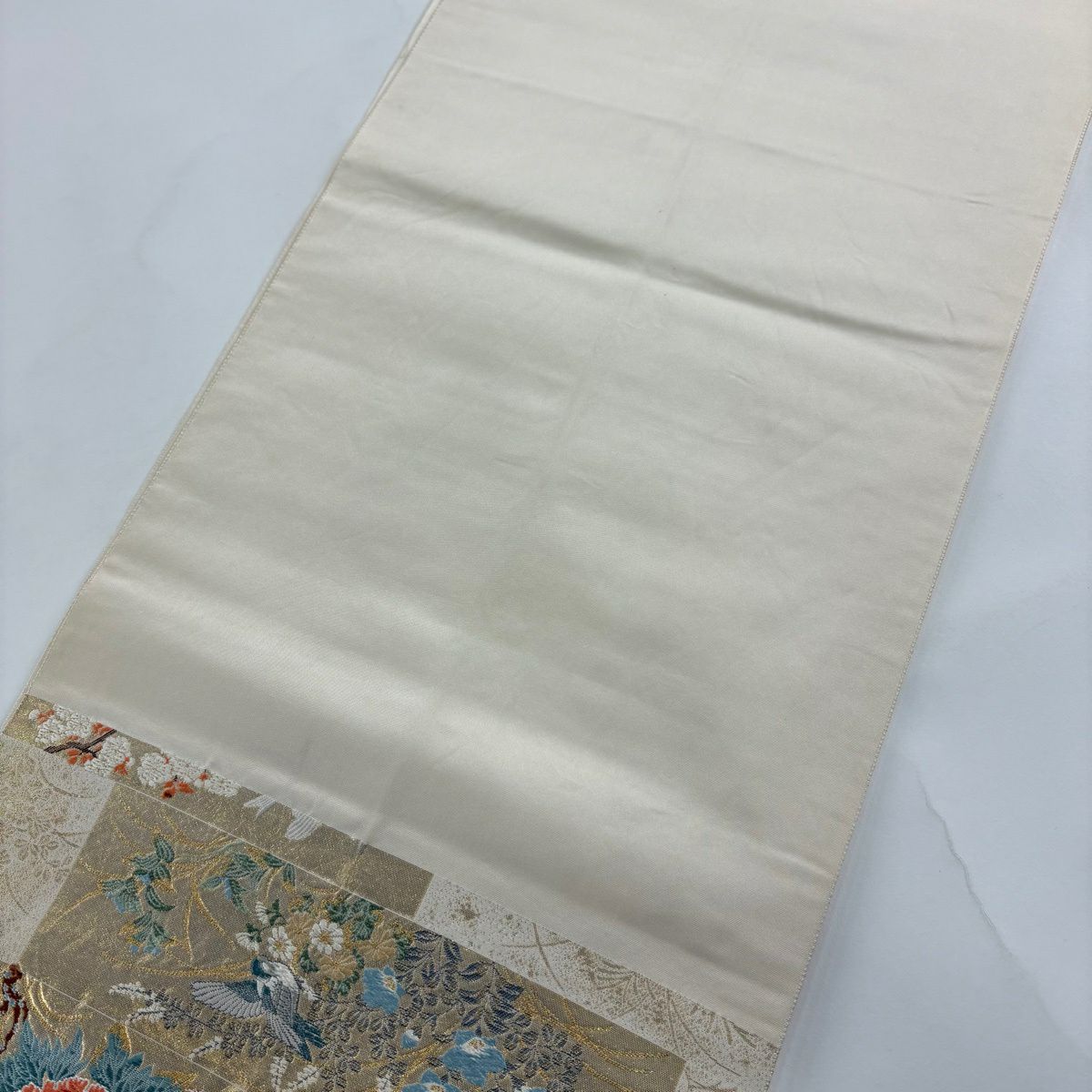 【美品】 袋帶 秀品級 關西仕立 草花紋紋 鳥 金絲 金金箔 金色 六通 純蠶絲