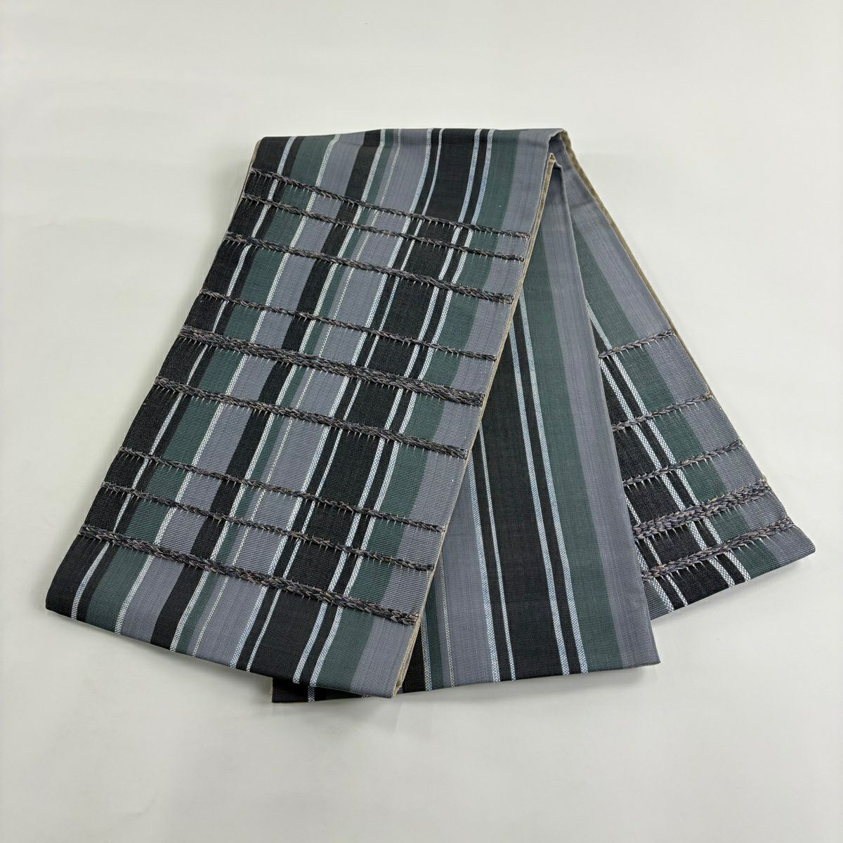 【美品】 袋帶 秀品級 縞 金絲 青灰 紋樣 純蠶絲