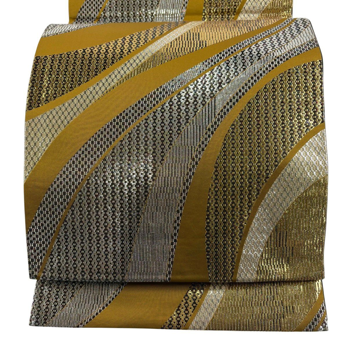 【美品】 袋帶 秀品級 幾何學 金金箔 黃土 深色 六通 純蠶絲
