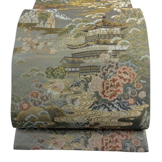 袋帶 秀品級 建築 花鳥 金絲 金金箔 灰綠 六通 純蠶絲