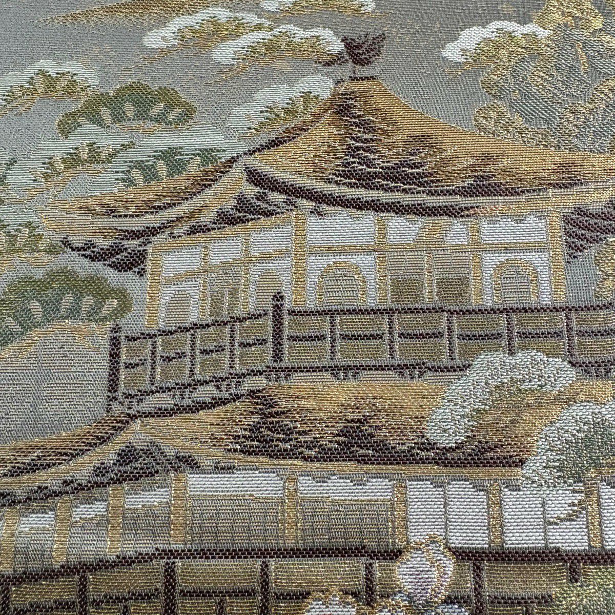 袋帶 秀品級 建築 花鳥 金絲 金金箔 灰綠 六通 純蠶絲