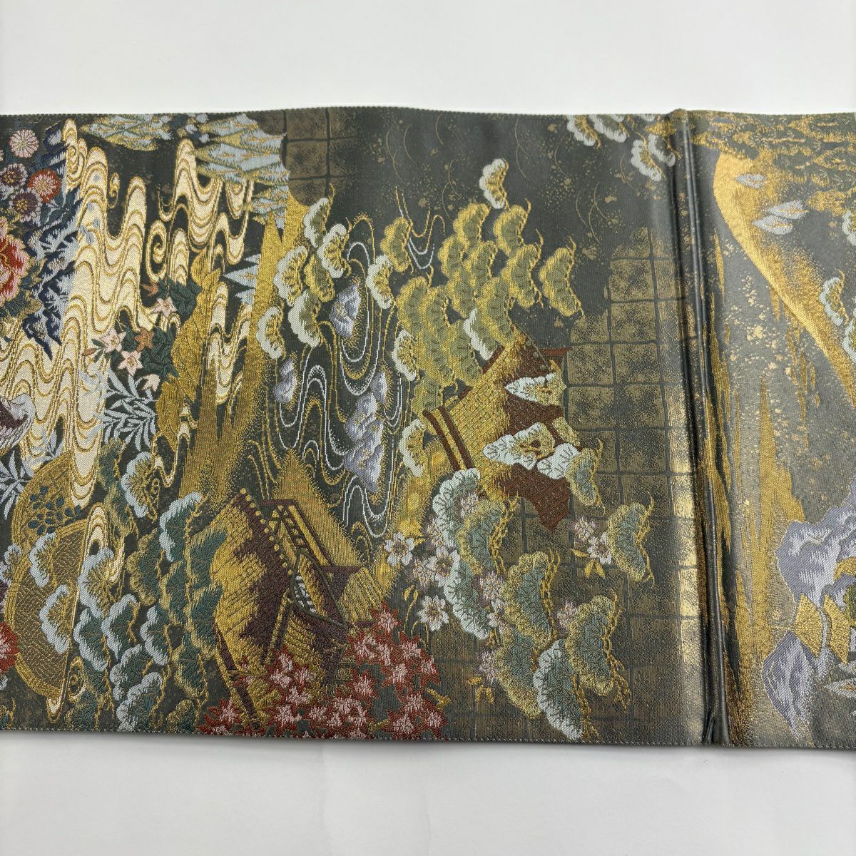 袋帶 秀品級 建築 花鳥 金絲 金金箔 灰綠 六通 純蠶絲