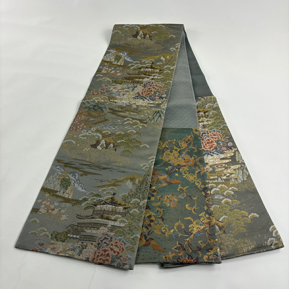 袋帶 秀品級 建築 花鳥 金絲 金金箔 灰綠 六通 純蠶絲