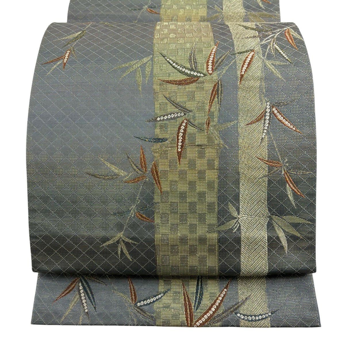 【美品】 袋帶 秀品級 竹子 金糸 金金箔 灰 深藍 六通 純蠶絲