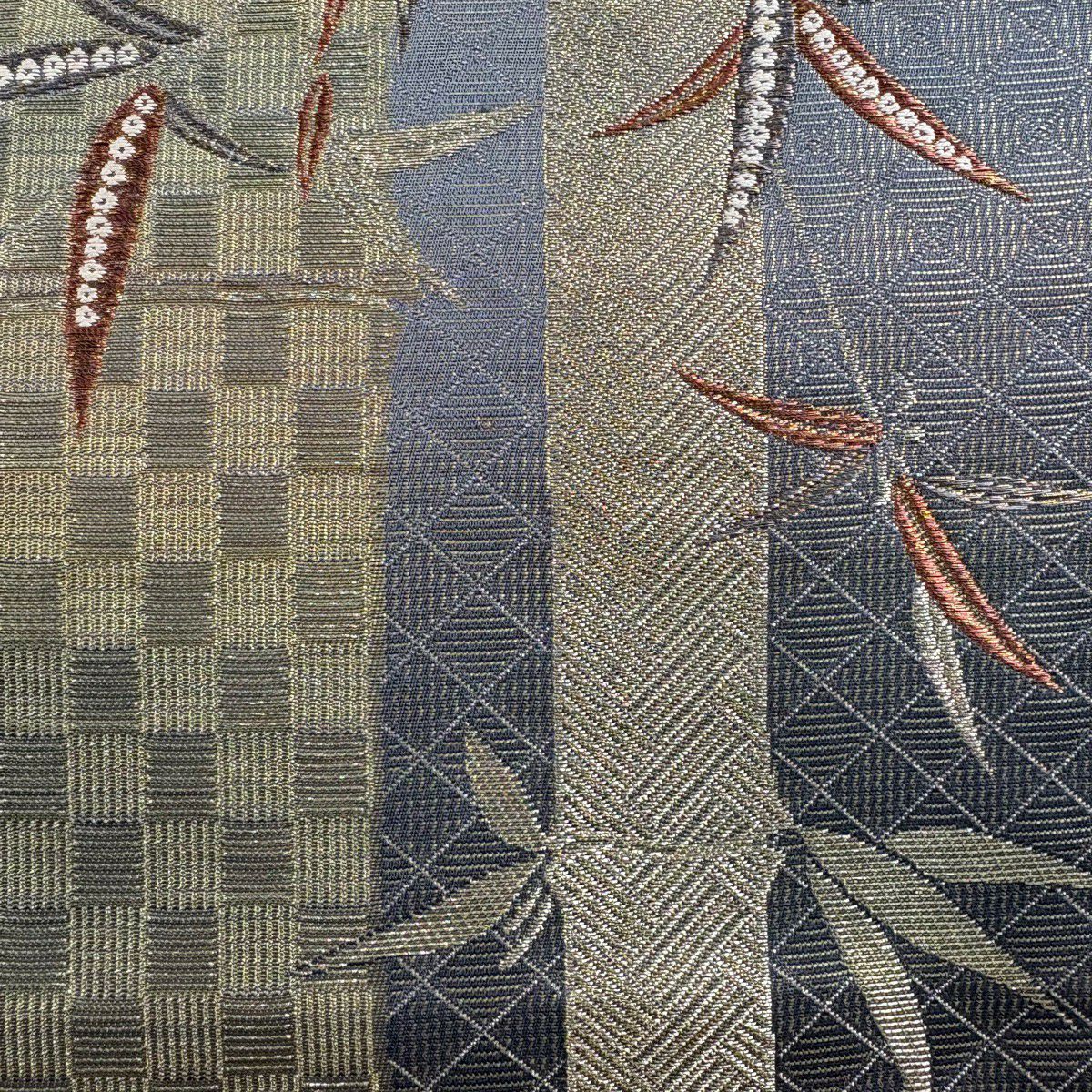 【美品】 袋帶 秀品級 竹子 金糸 金金箔 灰 深藍 六通 純蠶絲