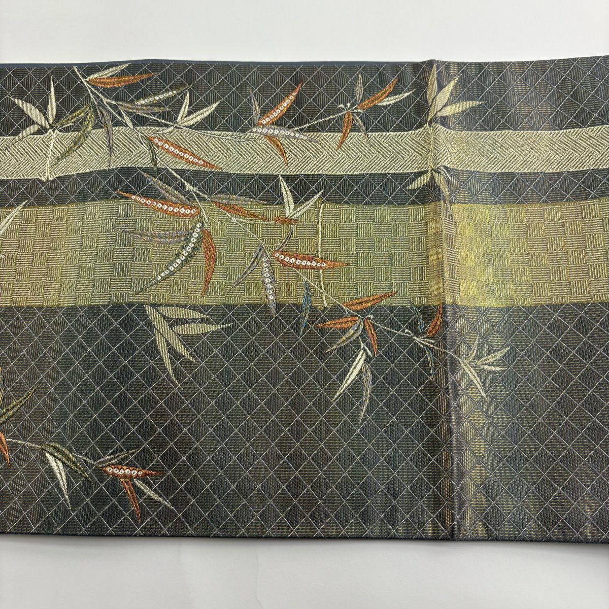 【美品】 袋帶 秀品級 竹子 金糸 金金箔 灰 深藍 六通 純蠶絲