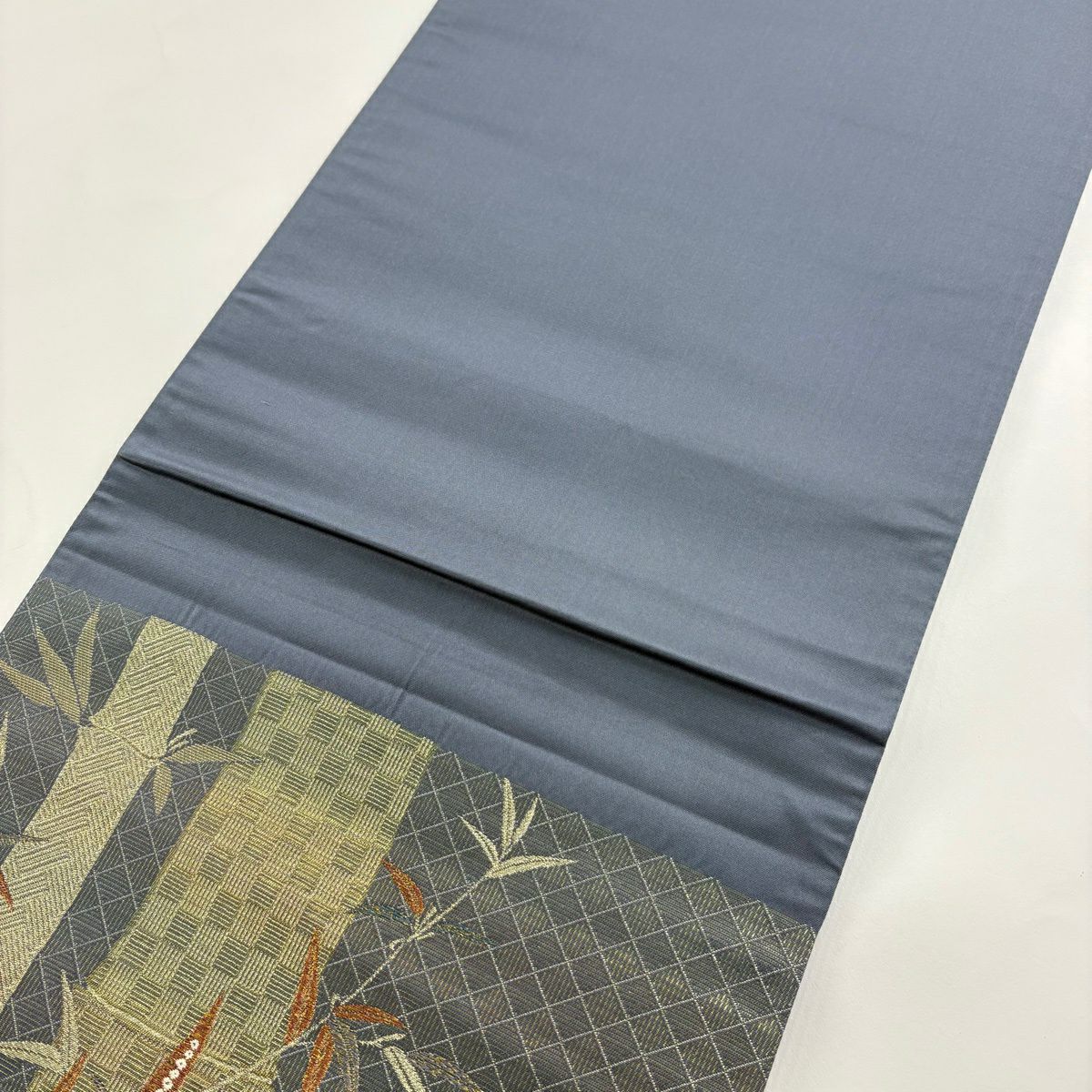 【美品】 袋帶 秀品級 竹子 金糸 金金箔 灰 深藍 六通 純蠶絲