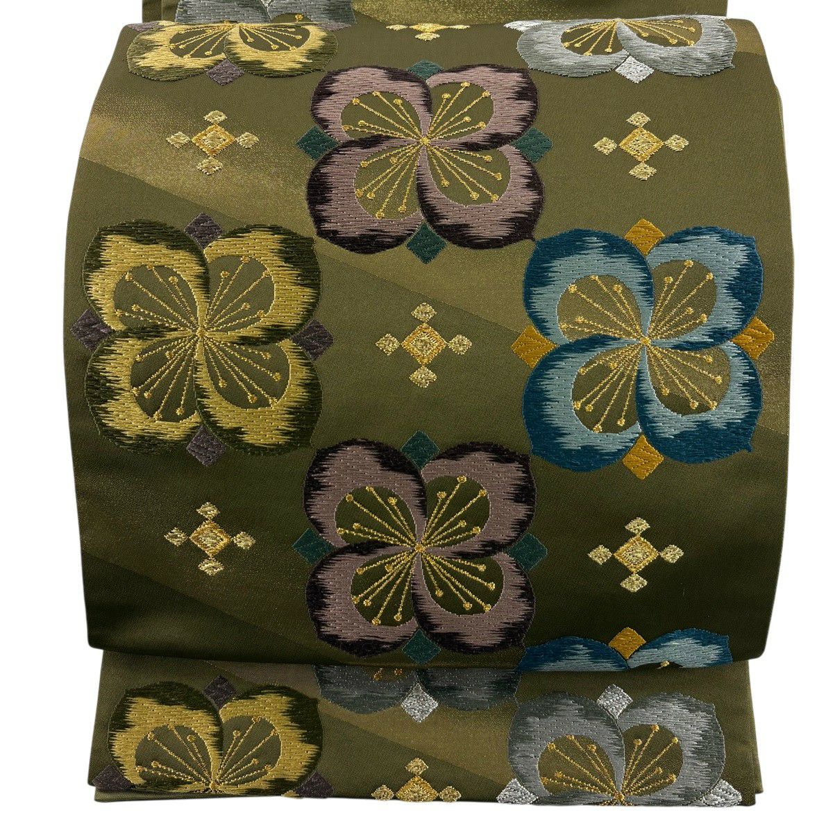 【美品】 袋帶 秀品級 咖啡染 花 金銀彩 金金箔 茶綠 深藍色 六通 純蠶絲