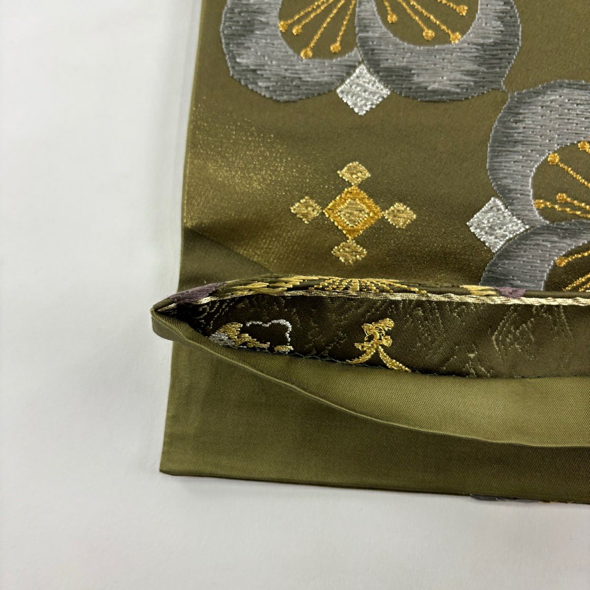 【美品】 袋帶 秀品級 咖啡染 花 金銀彩 金金箔 茶綠 深藍色 六通 純蠶絲