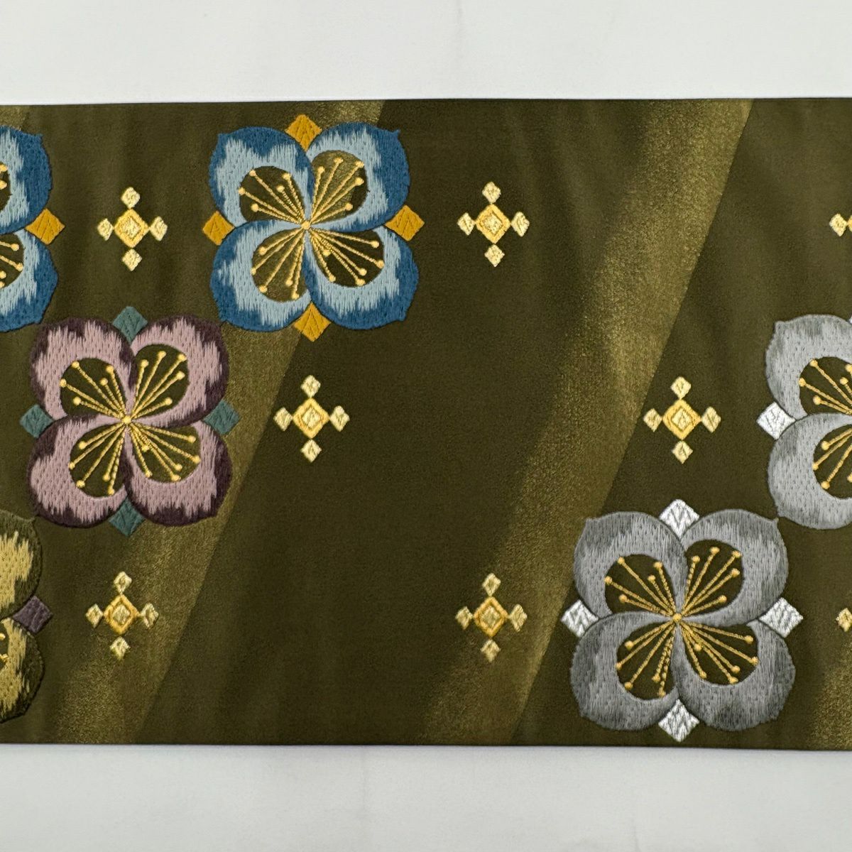 【美品】 袋帶 秀品級 咖啡染 花 金銀彩 金金箔 茶綠 深藍色 六通 純蠶絲