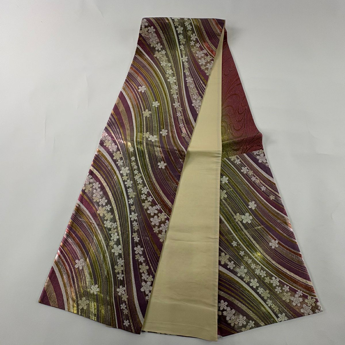 【美品】 袋帶 秀品級 振袖禮服禮服用 櫻花 斜紋 金絲 金金箔 粉色 六通 純蠶絲