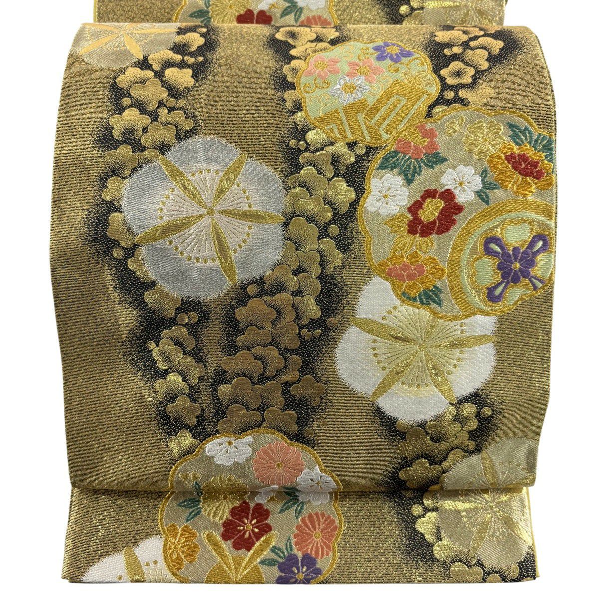 【美品】 袋帶 秀品級 振袖禮服禮服 梅花 草花紋 金銀彩 金金箔 金色 六通 純蠶絲