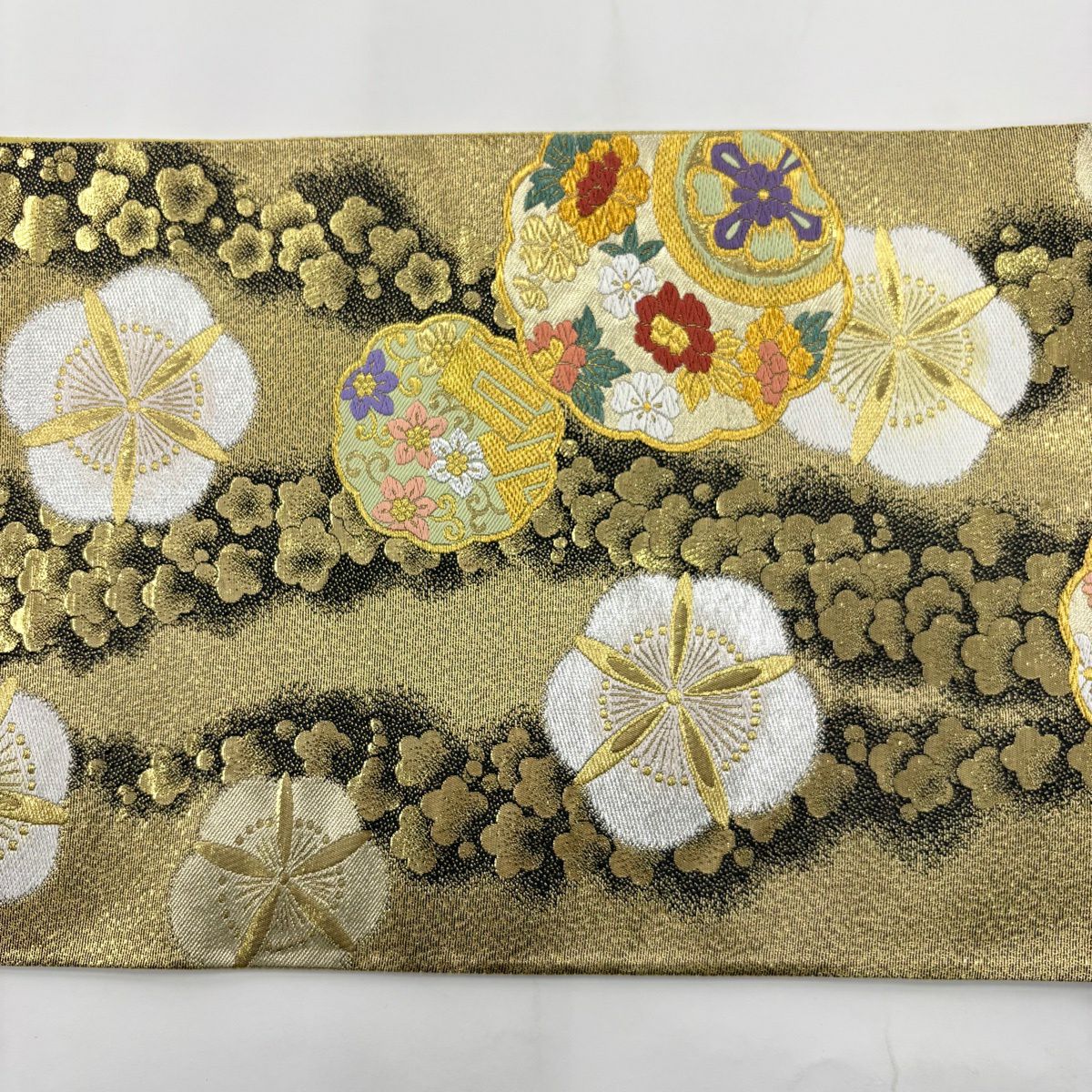 【美品】 袋帶 秀品級 振袖禮服禮服 梅花 草花紋 金銀彩 金金箔 金色 六通 純蠶絲