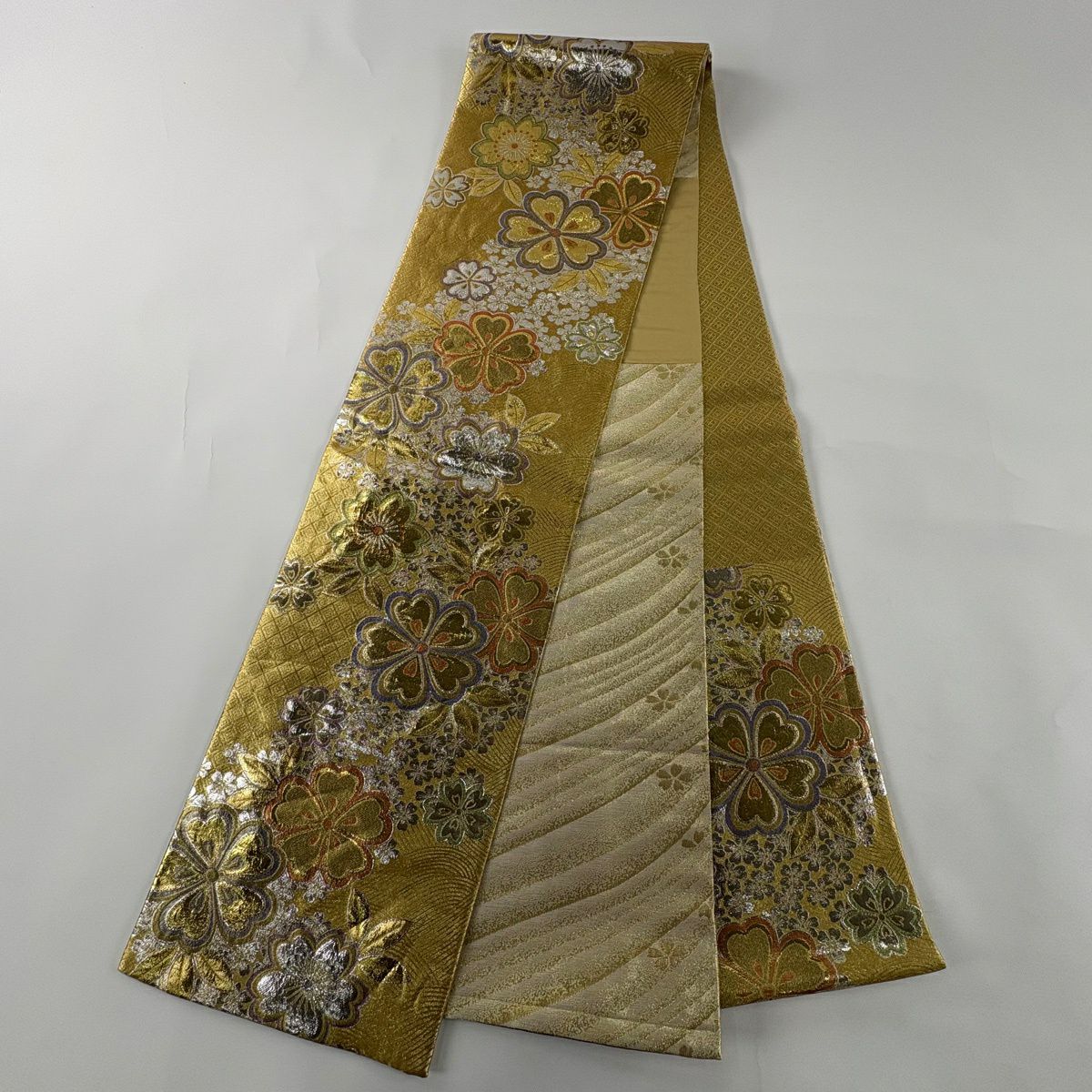 袋帶 秀品級 振袖禮服禮服用 櫻花 金金箔 金色 六通 純蠶絲