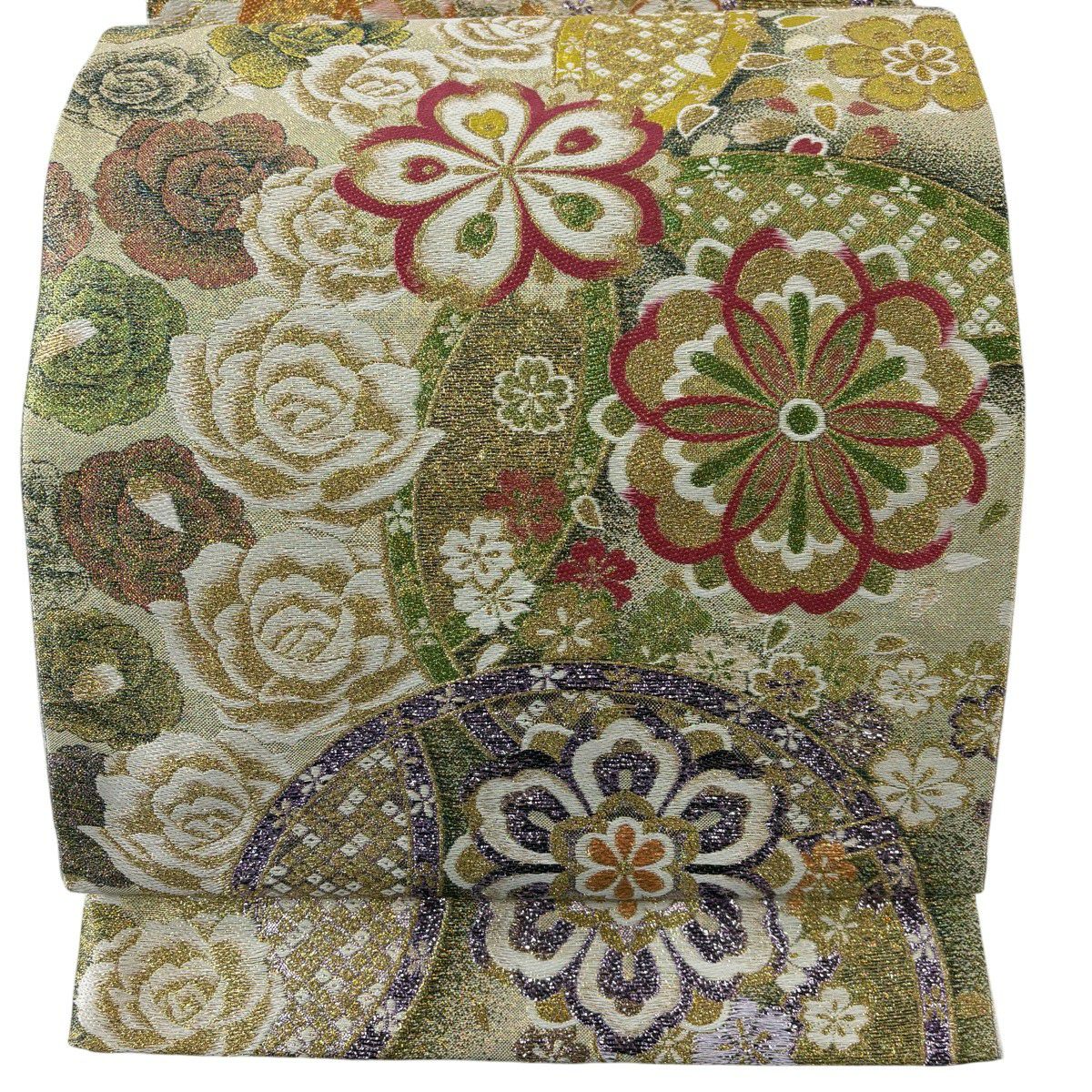 【美品】 袋帶 秀品級 華紋 櫻花 金絲 金金箔 淺綠 六通 純蠶絲